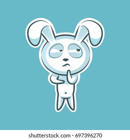Sticker emoji emoticon emotion Hmm, doubt, thinking vector isolated illustration character sweet, cute white rabbit, bunny, hare, coney, cony, lapin for happy Easter mobile app