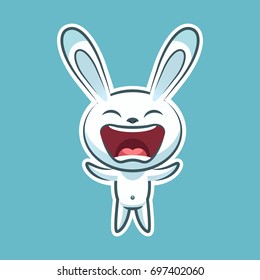 Sticker emoji emoticon, emotion joy, shouting vector isolated illustration happy character sweet, cute white rabbit, bunny, hare, coney, cony, lapin for happy Easter mobile app