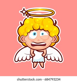 Sticker emoji emoticon, emotion nervous, tense, twitching eyes vector isolated illustration character divine entity, heavenly angel, saint spirit, wings, radiant halo on pink background for mobile app