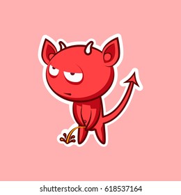 Sticker emoji emoticon, emotion pee with laid-back view vector isolated illustration character sweet hellish entity, horned devil, evil spirit, devilry, impure force on pink background for mobile app