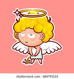 Sticker emoji emoticon, emotion pee with laid-back view vector isolated illustration character sweet divine entity, heavenly angel, saint spirit, wings, radiant halo on pink background for mobile app