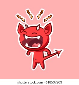 Sticker emoji emoticon emotion, scream with rage, lightning vector isolated illustration character sweet hellish entity, horned devil, evil spirit, devilry, impure force pink background for mobile app