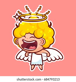 Sticker emoji emoticon emotion, scream with rage, lightning vector isolated illustration character sweet divine entity, heavenly angel, saint spirit, wings, radiant halo pink background for mobile app