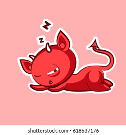 Sticker emoji emoticon, emotion sleep on stomach, lie down, doze, sleepy vector nap character sweet hellish entity, horned devil, evil spirit, devilry, impure force on pink background for mobile app