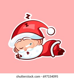 Sticker emoji emoticon, emotion sleep on stomach, lie down, doze, sleepy vector nap character sweet cute Santa Claus, Father Frost on pink background for Happy New Year and Merry Christmas mobile app