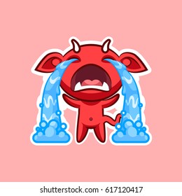 Sticker emoji emoticon, emotion sob, cry, weep, vector isolated illustration happy character sweet hellish entity, cute horned devil, evil spirit, devilry, impure force pink background for mobile app