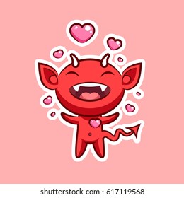 Sticker emoji emoticon, emotion, vector isolated illustration happy enamored character sweet hellish entity, cute horned devil, evil spirit, devilry impure force in love pink background for mobile app