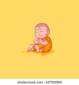 Sticker emoji emoticon emotion vector isolated illustration unhappy character cartoon Buddha sit sad sorrow grief frustrated sticker Buddhist monk kashaya yellow background for mobile app infographic