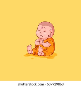 Sticker emoji emoticon emotion vector isolated illustration happy character cartoon Buddha sit meditate contemplation prayer sticker Buddhist monk kashaya yellow background for mobile app infographic