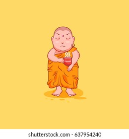 Sticker emoji emoticon emotion vector isolated illustration jitter character cartoon strain Buddha nervous with cup of coffee sticker Buddhist monk kashaya yellow background for mobile app infographic