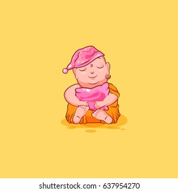 Sticker emoji emoticon emotion vector isolated illustration happy character cartoon sleepy Buddha sit in nightcap with pillow sticker Buddhist monk kashaya yellow background for mobile app infographic