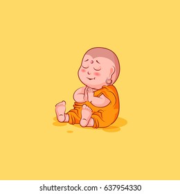 Sticker emoji emoticon emotion vector isolated illustration happy character cartoon Buddha sit embarrassed, shy and blushes sticker Buddhist monk kashaya yellow background for mobile app info graphics