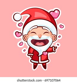 Sticker emoji emoticon, emotion, vector isolated illustration happy enamored character sweet, cute Santa Claus, Father Frost in love pink background for Happy New Year and Merry Christmas mobile app