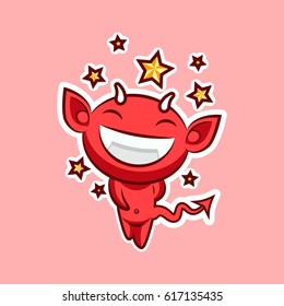 Sticker emoji emoticon, emotion walk, hang out, star, date vector illustration happy character sweet hellish entity, cute horned devil, evil spirit, devilry impure force pink background for mobile app