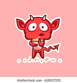 Sticker emoji emoticon emotion watch movie, eat popcorn, vector isolated illustration character sweet hellish entity, horned devil, evil spirit, devilry, impure force on pink background for mobile app