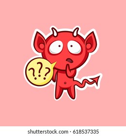 Sticker emoji emoticon, emotion what, misunderstanding, question marks, vector isolated character sweet hellish entity, horned devil, evil spirit, devilry, impure force pink background for mobile app