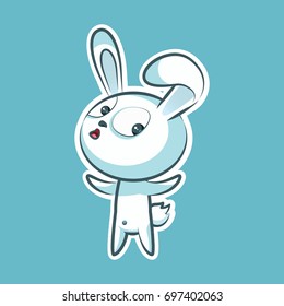 Sticker emoji emoticon, emotion what happens, hey, vector isolated illustration surprised character sweet, cute white rabbit, bunny, hare, coney, cony, lapin for happy Easter mobile app