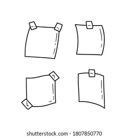 Sticker. Empty piece of paper with sticky tape. Place for reminders and text. Set of objects of different shapes. Blank sheet. Black and white cartoon illustration