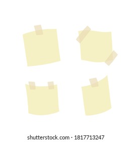 Sticker. Empty piece of paper with sticky tape. Place for reminders and text. Set of objects of different shapes. Blank sheet. Flat cartoon illustration