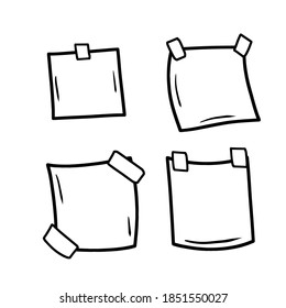Sticker. Empty piece of paper with sticky tape. Place for reminders and text. Set of objects of different shapes. Blank sheet. Black and white cartoon illustration