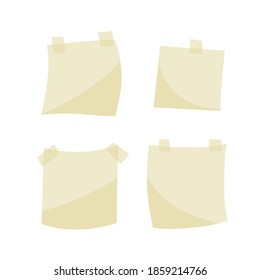 Sticker. Empty piece of paper with sticky tape. Place for reminders and text. Set of objects of different shapes. Blank sheet. Flat cartoon illustration