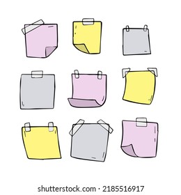 Pegatina. Pieza vacía de papel con cinta adhesiva. Lugar para recordatorios y texto. Conjunto de objetos de diferentes formas. Hoja en blanco. Ilustración de dibujos animados en blanco y negro