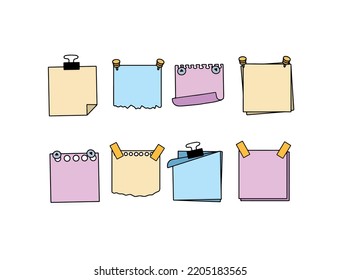 Pegatina. Pieza vacía de papel con cinta adhesiva. Lugar para recordatorios y texto. Hoja en blanco. Ilustración de dibujos animados en blanco y negro. Conjunto de objetos memo de diferentes formas