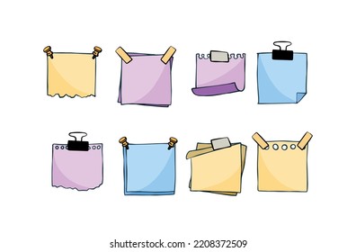 Aufkleber. Leeres Stück Papier mit Klebeband. Ort für Erinnerungen und Text. Leeres Blatt. Schwarz-Weiß-Cartoon-Illustration. Satz von Memo-Objekten verschiedener Formen