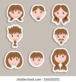 sticker faces set - positive cartoon boys and girls in paper flat style. Comic people icons collection.