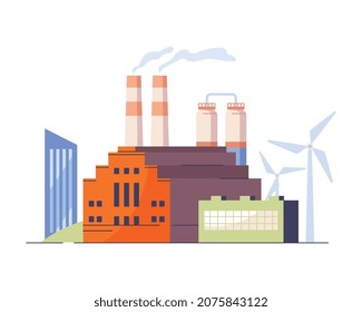 Sticker of factory. Generation of electricity, conversion of air into energy. Production of various goods. Hazardous waste, city company, workers, warehouse. Cartoon flat vector illustration