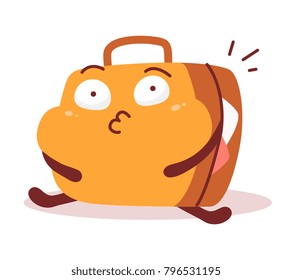 Sticker fatty suitcase full of things with eyes and swollen cheeks. Vector illustration of yellow color fat character suitcase with too many things inside. Flat style design of funny character