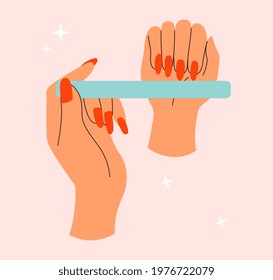 Sticker of female hand filing nails polish on pink background. Concept of lady painting, polishing nails. Nail brush, nail polish, nail file. Spa treatment beauty. Flat cartoon vector illustration