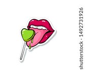 Sticker of female sexy glossy lips in red lipstick and mouth with teeth and tongue. Sticker with licking tongue green candy and lollipops. Isolated cartoon comic sticker vector illustration of lips.
