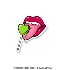 Sticker of female sexy glossy lips in red lipstick and mouth with teeth and tongue. Sticker with licking tongue green candy and lollipops. Isolated cartoon comic sticker vector illustration of lips.