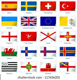 Sticker flags: Europe (3 of 3). Vector illustration: 3 layers:  Ã?Â· shadows  Ã?Â· flat flag (you can use it separately)  Ã?Â· sticker. Collection of 220 world flags. Accurate colors. Easy changes.