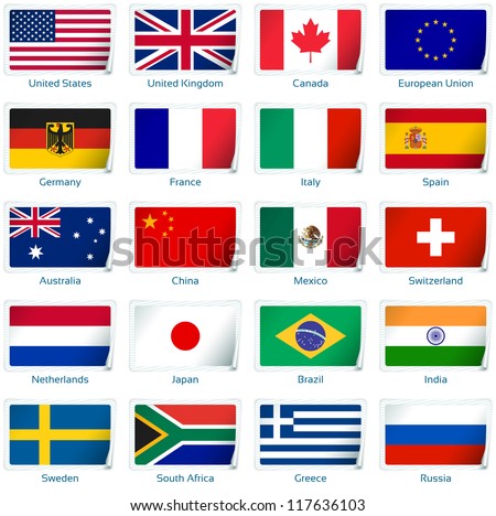 Sticker flags: Popular. Vector illustration: 3 layers:  Ã?Â· shadows  Ã?Â· flat flag (you can use it separately)  Ã?Â· sticker. Collection of 220 world flags. Accurate colors. Easy changes.