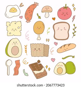 Sticker flat design of bread cheese avocado and egg. Breakfast Hand drawn doodle icon planner collection set.