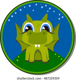 Sticker Flying green dragon for Kindergarten. Cartoon style isolated on white background for your design.