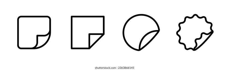 Aufkleber mit gefaltetem Ecksymbol. Papieraufkleber in Linie. Schild des Curl-Etiketts. Aufkleber-Symbol mit gefalteter Ecke. Runde und quadratische Etikettenmarke. Stock-Vektorgrafik