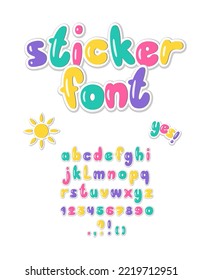 Sticker Font. Colorful childish bubble alphabet. Illustration of kids sticky letters and numbers.	