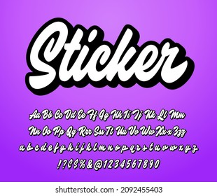 Sticker Font. Hand lettered brush script alphabet. Expressive vintage retro typeface with 3d shadow. Isolated letters shadows. Smooth beautiful written letters. Vector typeface with sticker effect