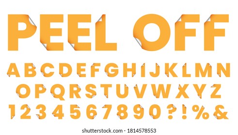 Sticker font. Peel off letters. Font sticker typographic, typography letter and numbers, peel lettering type abc, vector illustration