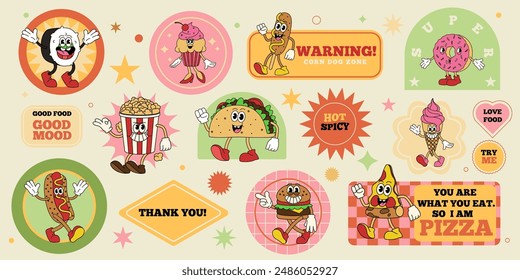 Sticker food character. Cafe label. Taco and ice cream mascots. Groovy retro icon. Cartoon pizza and burger. Spicy hamburger smile. Donut and muffin. 70s card design. Fastfood menu vector badges set