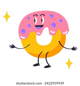 Sticker food of colorful set. Presentation of tasty desserts with this cute donut sticker, adorned with a delightful cartoon design on a white background. Vector illustration.