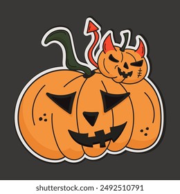 Una pegatina en forma de calabaza confundida y un demonio de calabaza para Halloween al estilo garabato.
