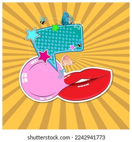 Sticker in the form of red female lips with a pink bubble gum and a plate for your text. Comic style. Background - divergent yellow rays. Vector illustration