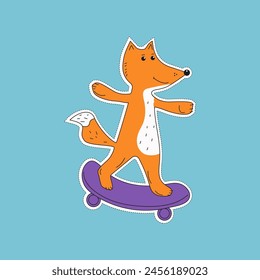 Sticker of a fox riding a skateboard. Cute sporty animal. Active lifestyle. Extreme sport. Doodle, drawing. Vector illustration, isolated background.