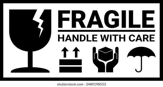 sticker fragile handle with care, black and white warning label, fragile label with broken glass symbol, vector asset