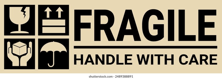 sticker fragile handle with care, black and brown fragile warning label, fragile label with broken glass symbol, vector asset. cardboard color