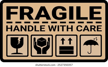 sticker fragile handle with care, black and brown fragile warning label, fragile label with broken glass symbol, vector asset. cardboard color